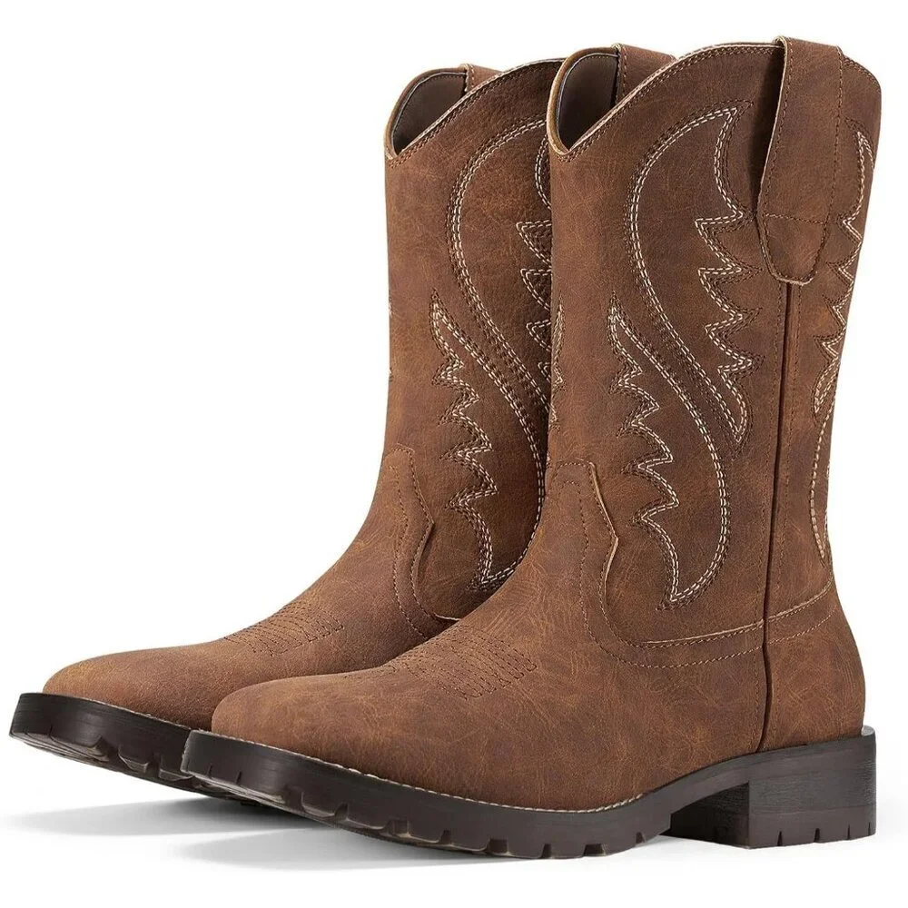 Men's Brown 2 Square Toe Chunky Heel Mid-calf Classic Embroidered Pull On Boots
